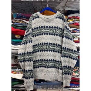 Liberty Vintage Fair Isle Knit Sweater Mens Large Gray Blue Cotton Made in USA